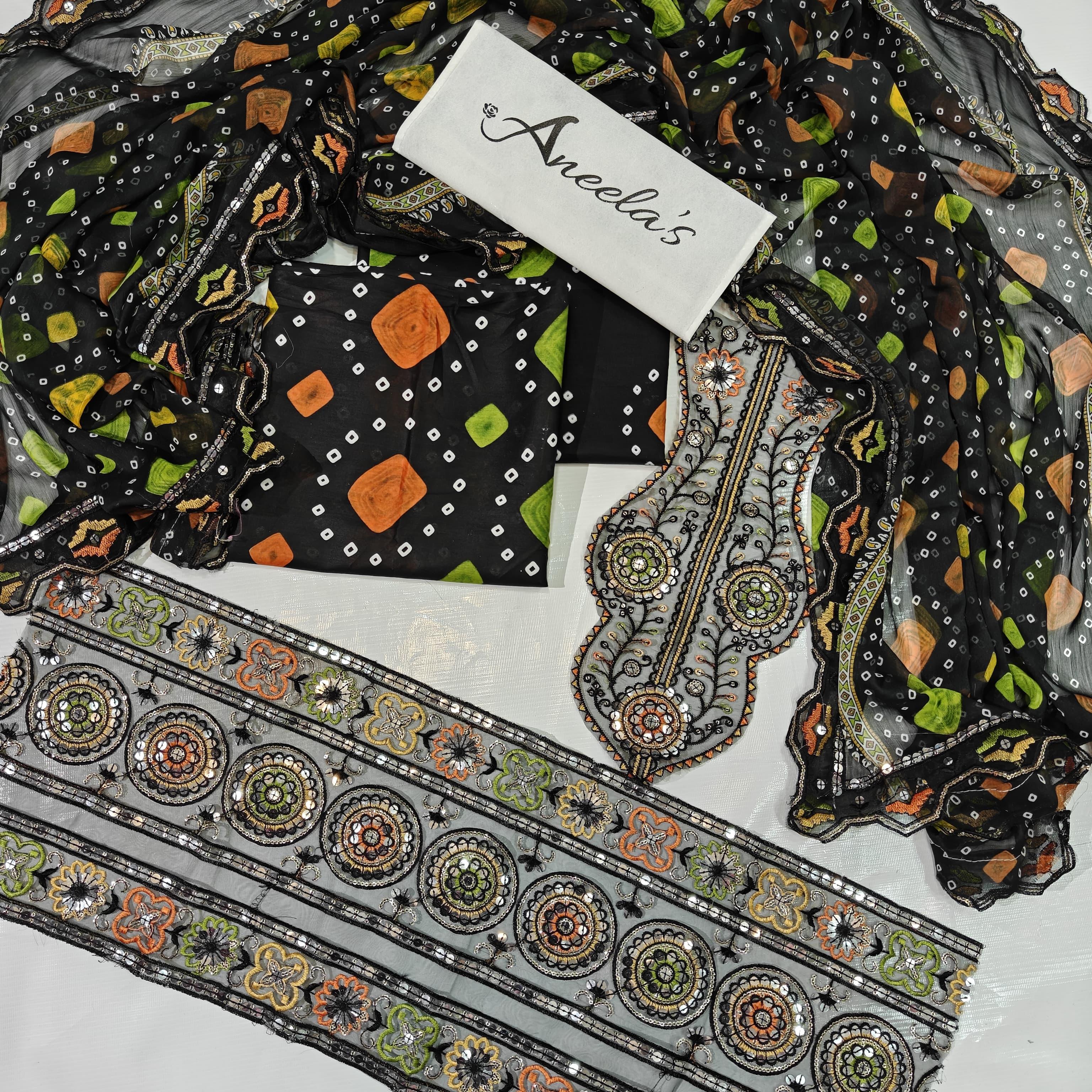 Aneela's Printed Embroidered Lawn 3PC Unstitched Memon Clothes